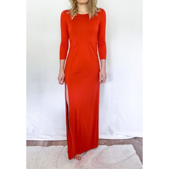 Juicy Couture Silk 3/4 Sleeve Pumpkin Spice Fall Maxi Dress with High Slit - Picture 1 of 12